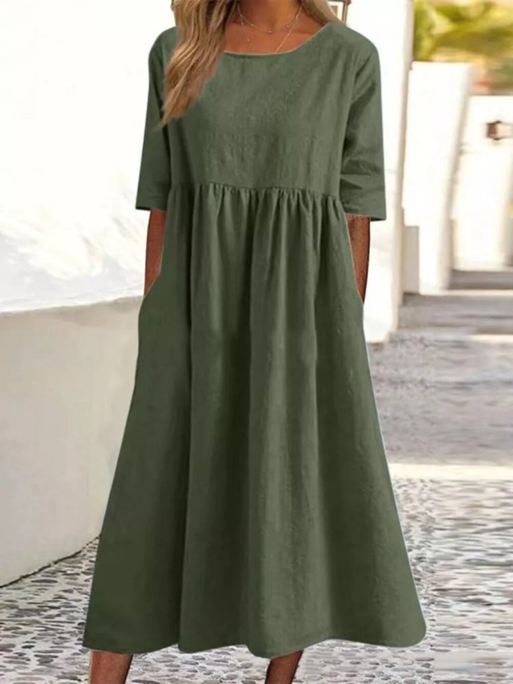 2/$45 NWT Green Cotton Blend Midi Dress Boho Pleated Pocket Short Sleeve XL